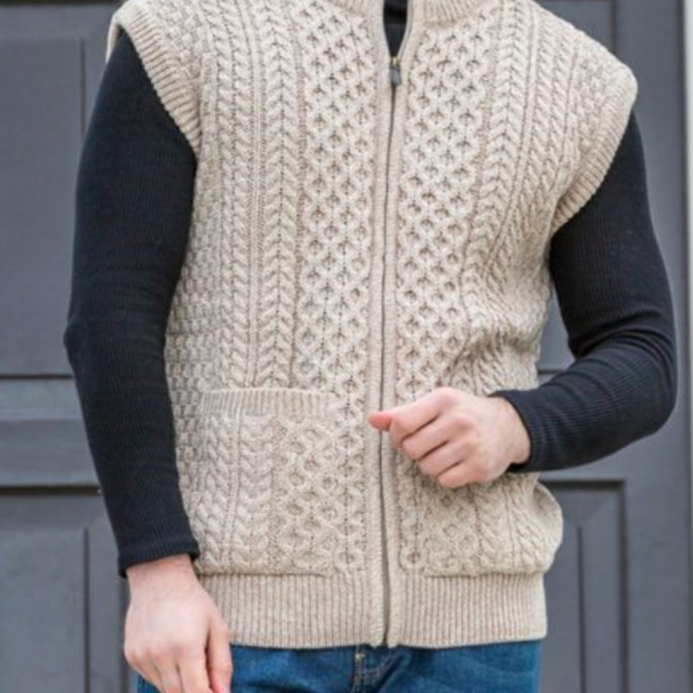 Aran Crafts Fisherman ECRU Vest Zip WOOL VEST Unisex LG/XL CHUNKY UNISEX